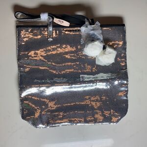 Victoria Secret Silver Sequined Bag Tote with Pom Poms - Brand New with Tags